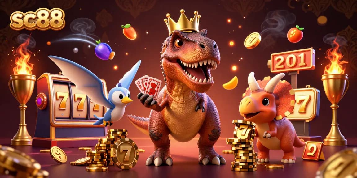 Experience thrilling gameplay at sc88 with a T-Rex shuffling cards and chips stacking in an exciting casino scene.