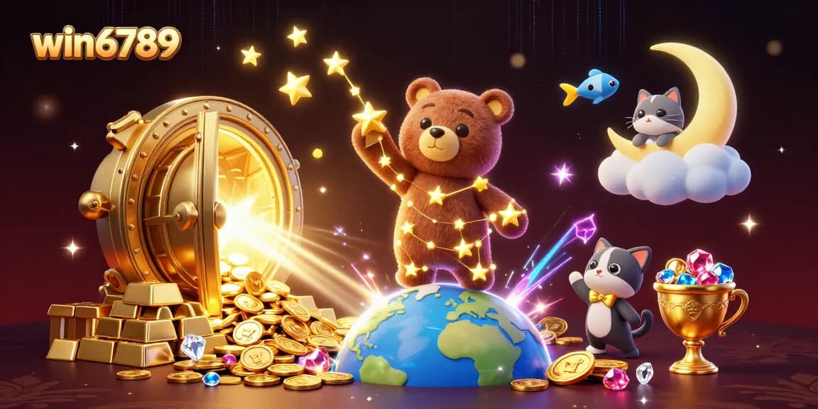 Engage with win6789 by winning big with our animated constellation bear and coins scene.