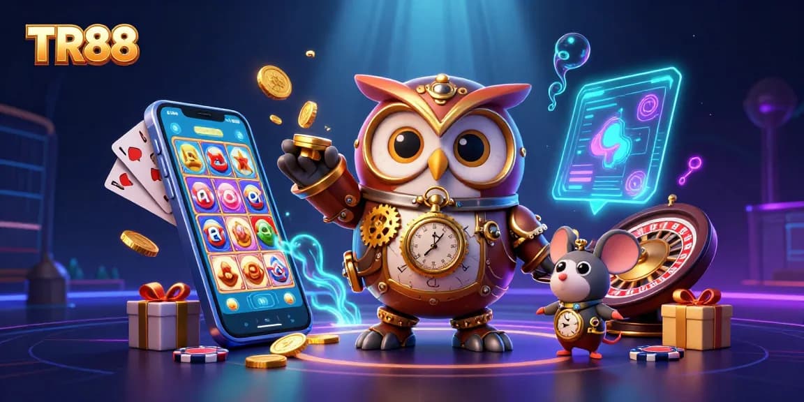 Experience TR88 with an engaging 3D casino illustration, featuring dynamic slot game elements and a whimsical steampunk owl.