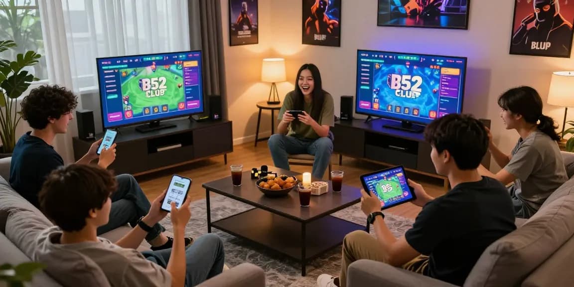 Friends playing exciting games on B52 CLUB at home with snacks, tablets, and vibrant screen displays.