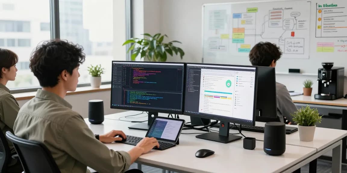 Dynamic software development teamwork at the WPS Official Website workspace with monitors displaying code.