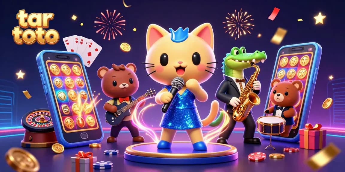 Experience the excitement of tar toto with our lively 3D illustration featuring casino characters and games.