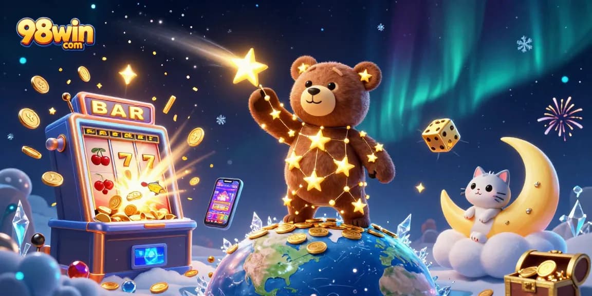 Experience thrilling wins with 98win com in this vibrant 3D casino illustration.