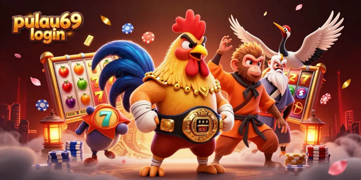 Join the excitement at pulau69 login with colorful slot reels and vibrant gaming characters.