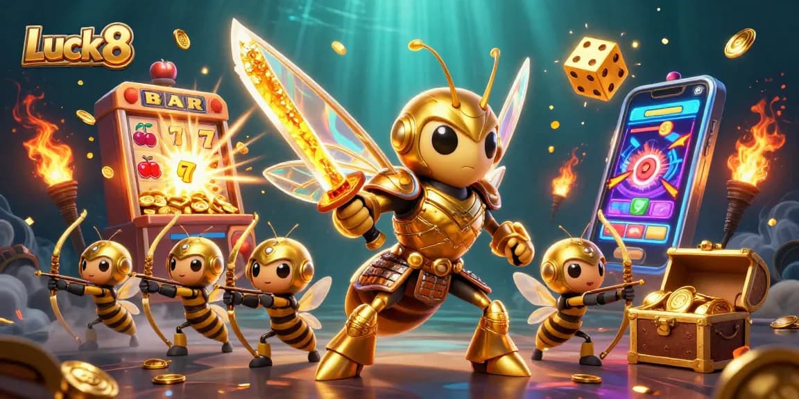 Experience big wins with Luck8's vibrant casino adventure featuring a golden hornet samurai and rich game elements.