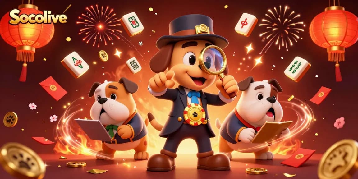 Socolive showcases a detective dog uncovering a golden poker chip amidst festive casino elements.