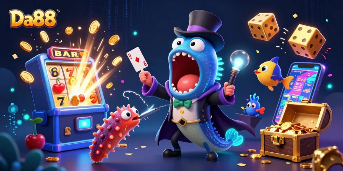 Engage in thrilling Da88 casino moments with a vibrant, magical 3D gambling scene featuring unique characters.