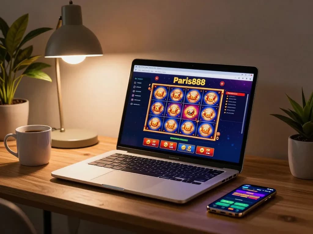 Engaging gameplay on paris888 casino platform visible on laptop screen in cozy home setting.