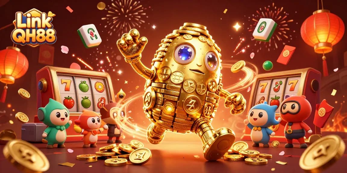 Engage with Link QH88's thrilling slot games featuring vibrant golden golem and dynamic symbols.