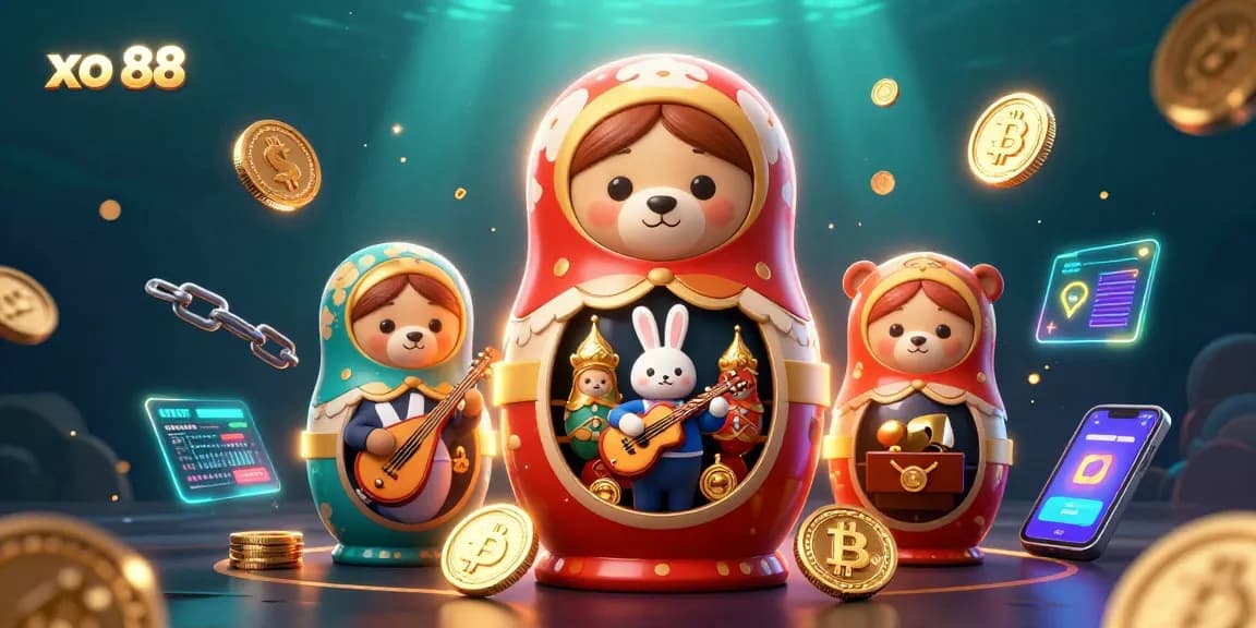 Engage with xo 88 through a vibrant 3D casino scene featuring cartoon bears and crypto elements.
