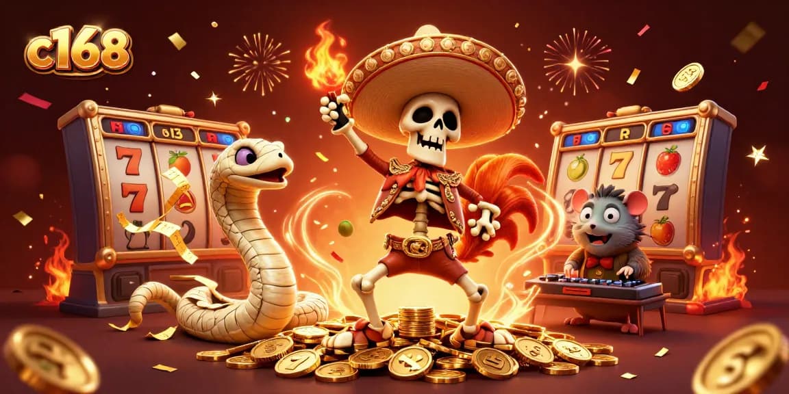 C168 delivers an electrifying gaming experience with a lively rooster, mummy snake, and DJ hamster amidst vibrant slot reels and golden coins.