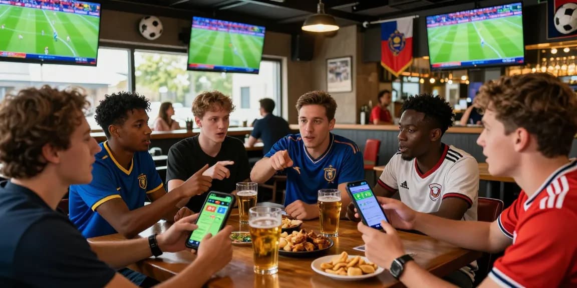 Kèo nhà cái discussion among enthusiastic football fans in a lively sports bar with live match screens.