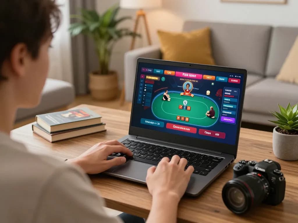 Engaging in online gambling on 33win com with a laptop in a cozy home setting.