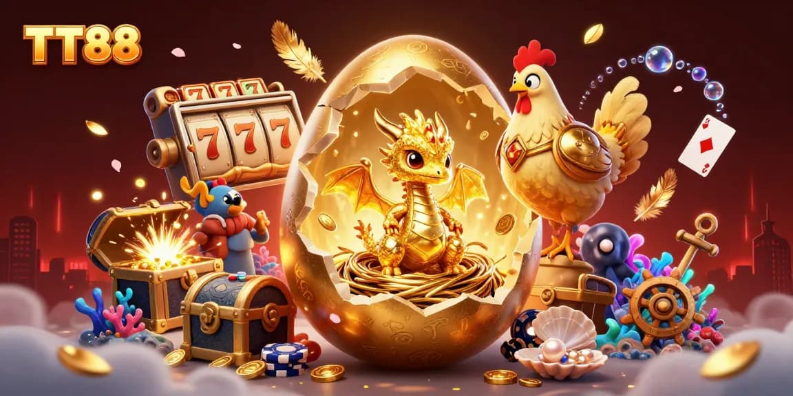 Engage with TT88's world of gaming featuring a golden dragon and vibrant slot machines