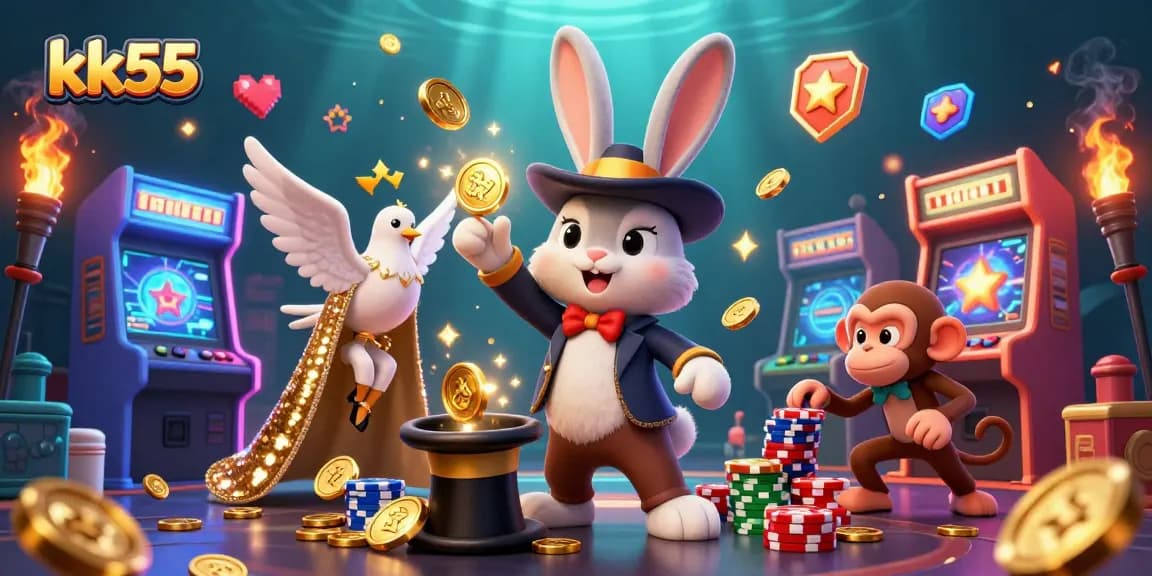 Experience thrilling magic at kk55 with a whimsical 3D scene of a rabbit, dove, and monkey in a casino.