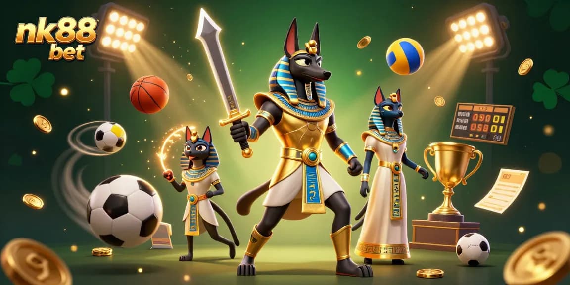 Engage in exciting games at nk88 bet with Anubis and Bastet in a rich 3D casino scene.
