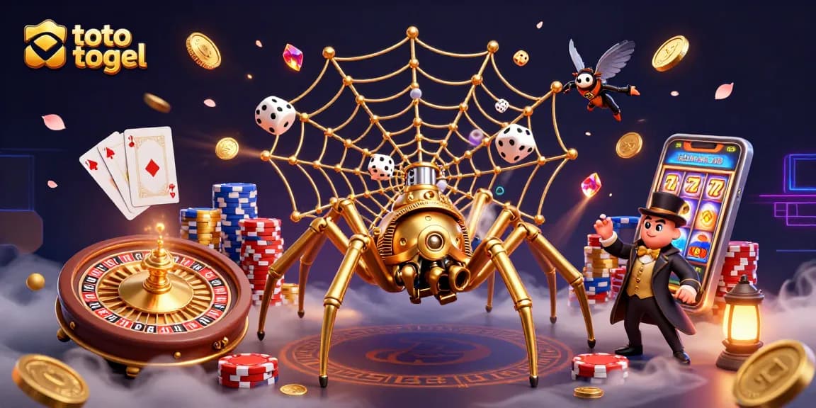 Experience the thrill of toto togel with an ultra-detailed 3D casino illustration featuring steampunk elements and vibrant game components.