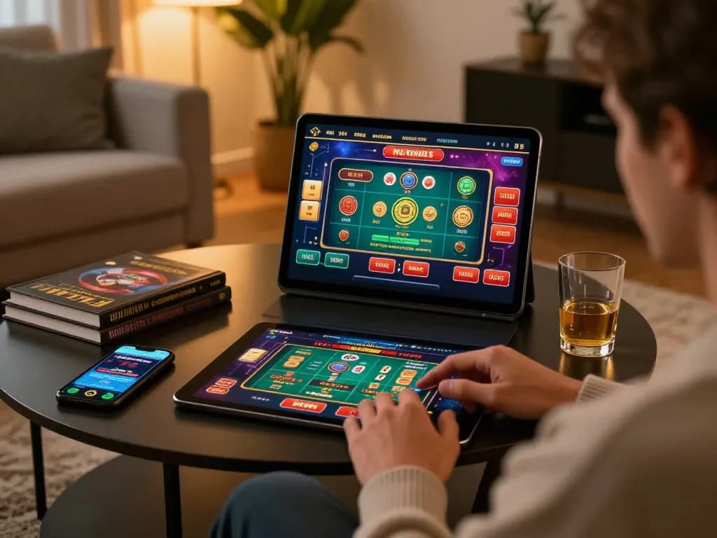 Engaged gambler playing on tablet in a cozy setting, showcasing best non-AAMS casinos experience.