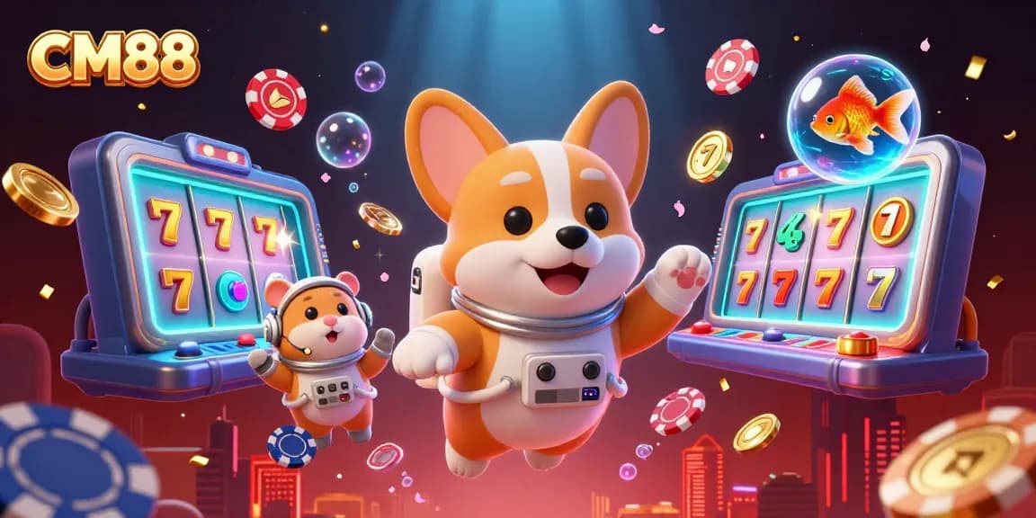 Experience thrilling gameplay at CM88 with a floating astronaut corgi in a vibrant casino atmosphere.