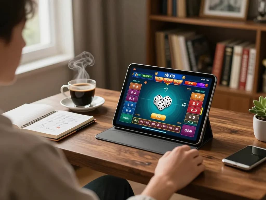 Engaging in tài xỉu online with a tablet in a cozy living room setup.