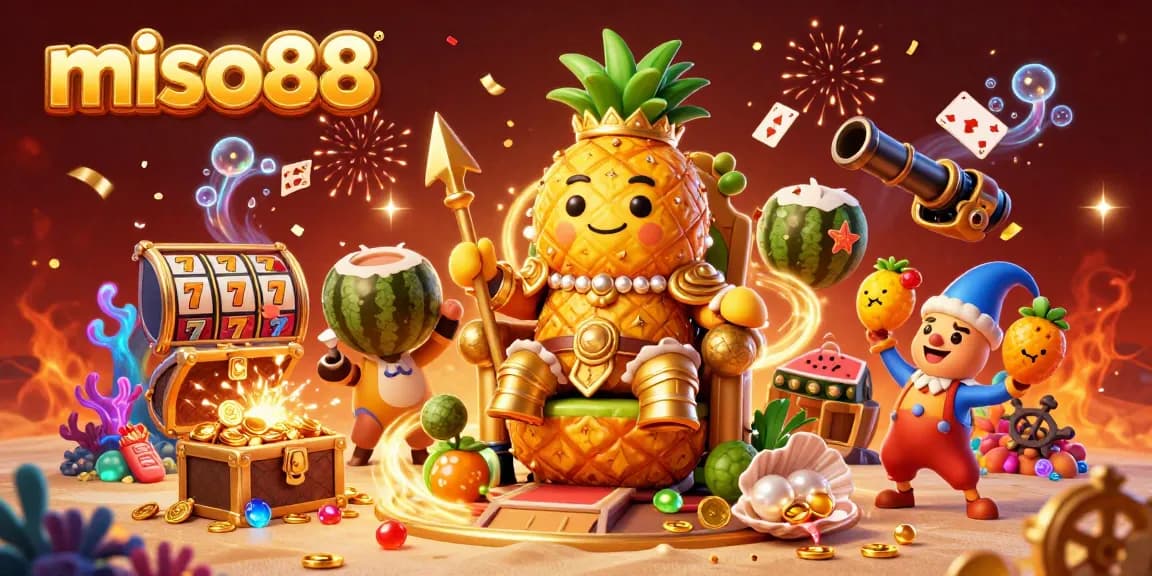 Experience thrilling gaming at miso88 with vibrant illustrations featuring the pineapple king in a lively casino.