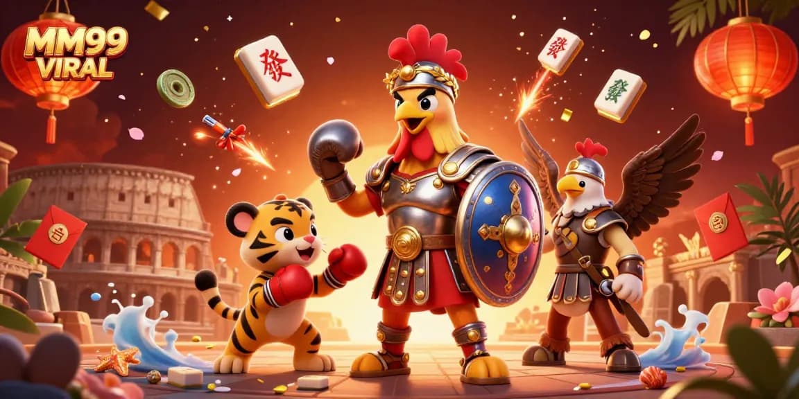 Engage with MM99 VIRAL's thrilling 3D casino adventure featuring a rooster gladiator and vibrant game elements.