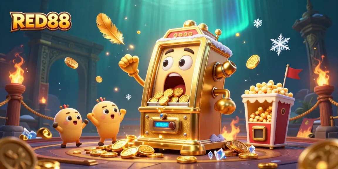 Celebrate big wins with RED88 as the golden slot machine hits the jackpot surrounded by cheering characters.
