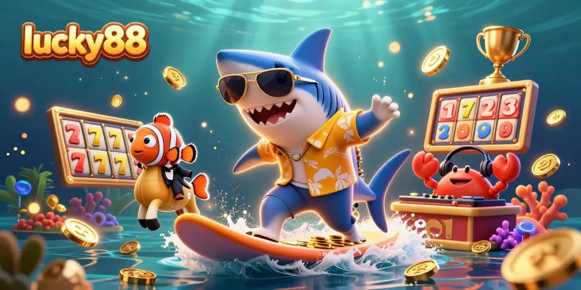 Experience the excitement of lucky88 with a vibrant casino-themed illustration featuring dynamic characters and gold.
