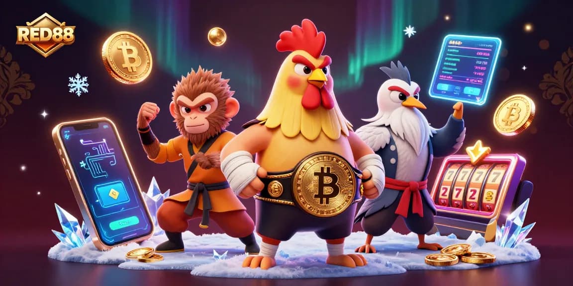 Experience RED88's thrilling casino gaming atmosphere with vibrant characters and elements.