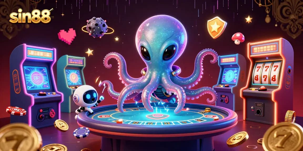 sin88 features a dynamic illustration of a cartoon alien octopus playing poker in a colorful casino environment.