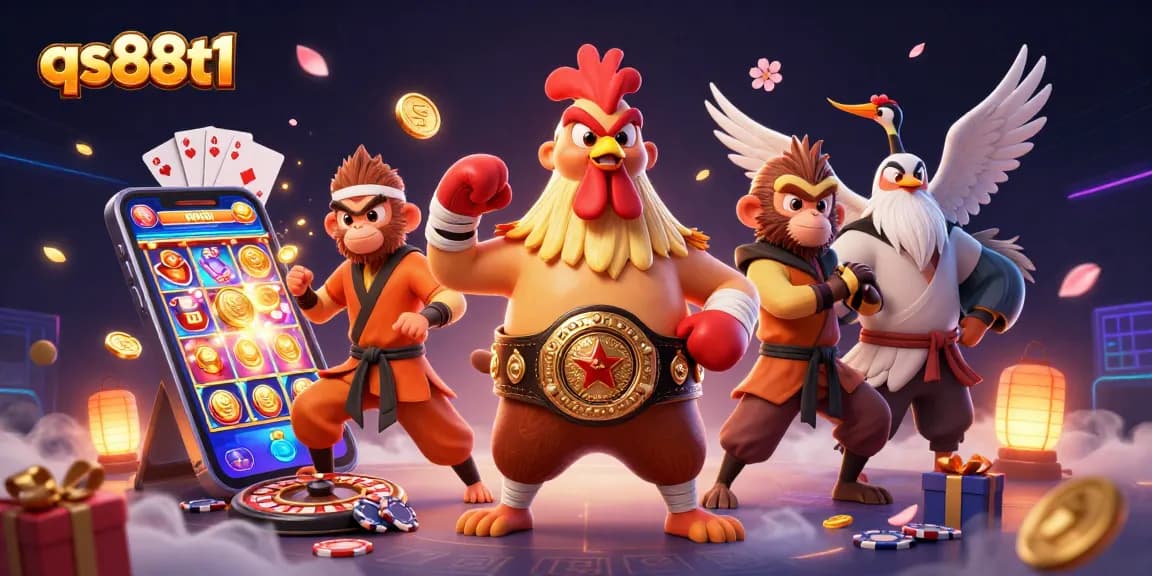 Engage in thrilling gameplay with qs88t1's vibrant 3D illustration featuring martial artists and casino elements.
