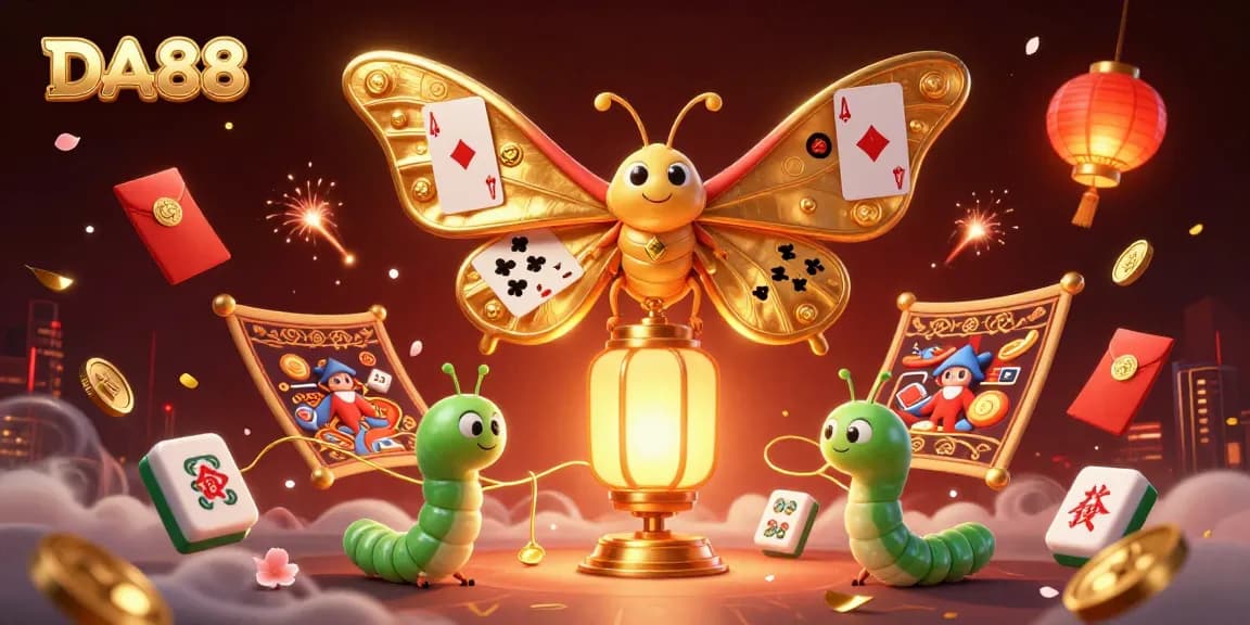 Experience gaming excitement with DA88's captivating casino illustration featuring a vibrant atlas moth, mahjong and festive elements.