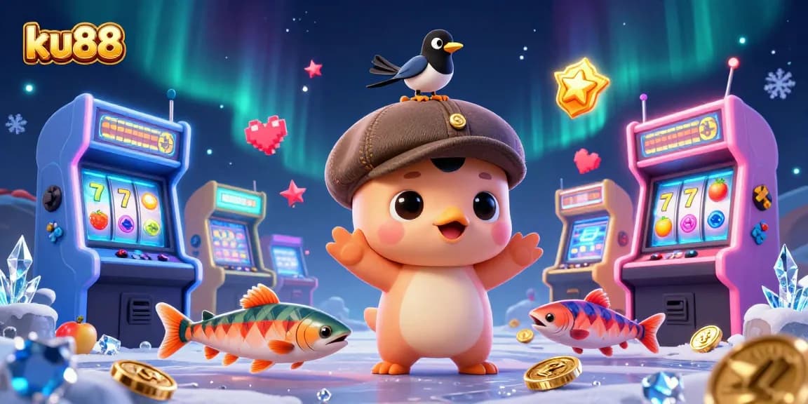 ku88 showcases an exciting online casino scene with charming characters, slot machines, and vibrant effects.