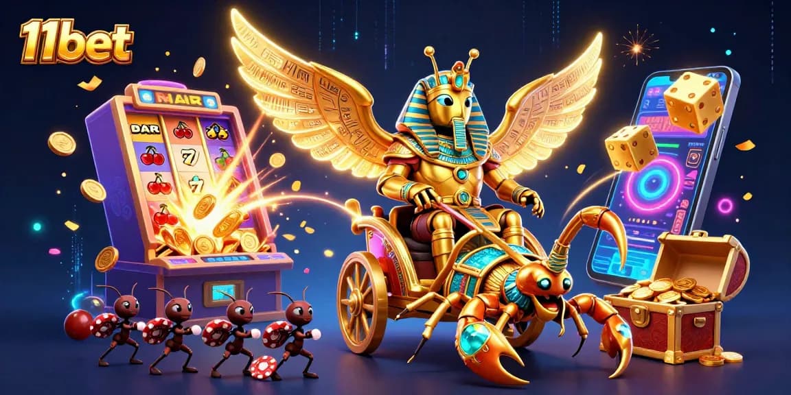 Experience the excitement of 11bet's online casino with this dynamic slot scene illustration.