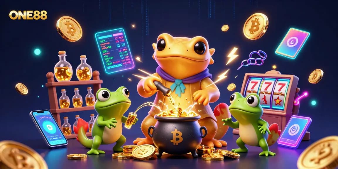 ONE88 engages players with vibrant slot reels in a magical gold transmutation scene.