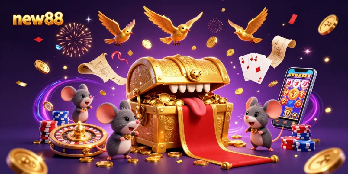 Engage with new88's exciting gaming world featuring a golden treasure chest and casino elements.