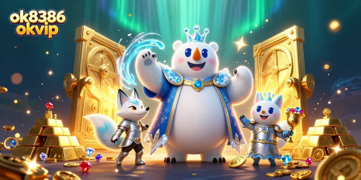 Join the excitement at ok8386 okvip with a majestic ice king and snow fox amidst treasures.