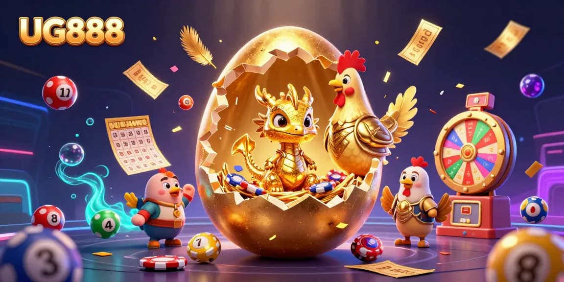 Experience the excitement of UG888 with a dazzling baby dragon among lottery elements.