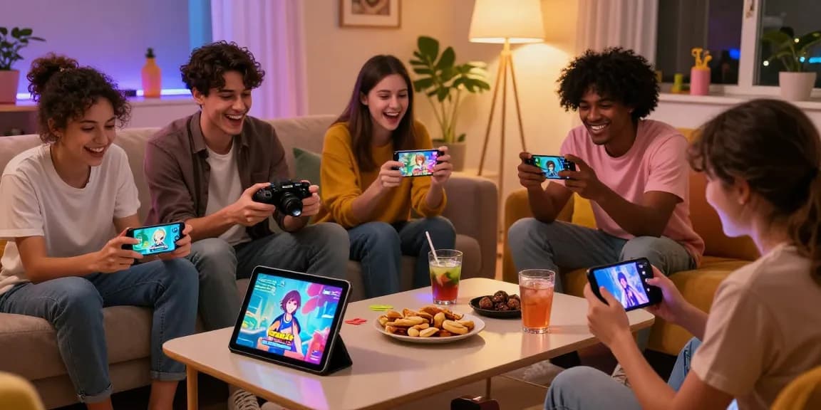 Friends enjoying a hentaigame in a cozy living room, showcasing diverse gaming interactions.