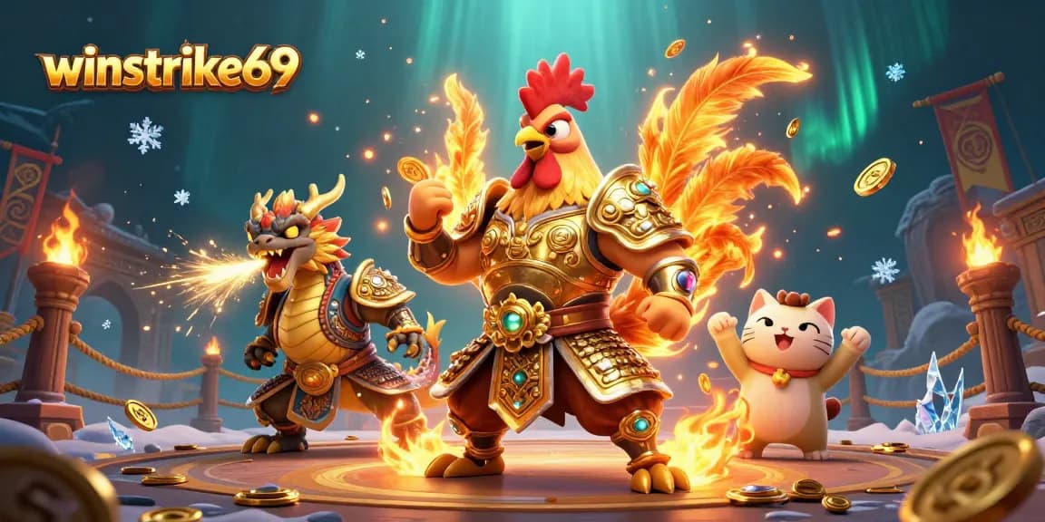 Experience excitement with winstrike69, featuring a warrior rooster and spark-breathing dragon in a vibrant casino scene.
