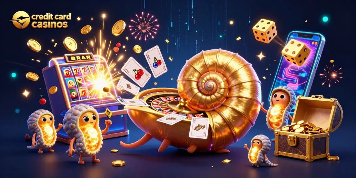 Engage with exciting credit card casinos featuring a vibrant 3D illustration of a nautilus roulette wheel and slot gaming elements.