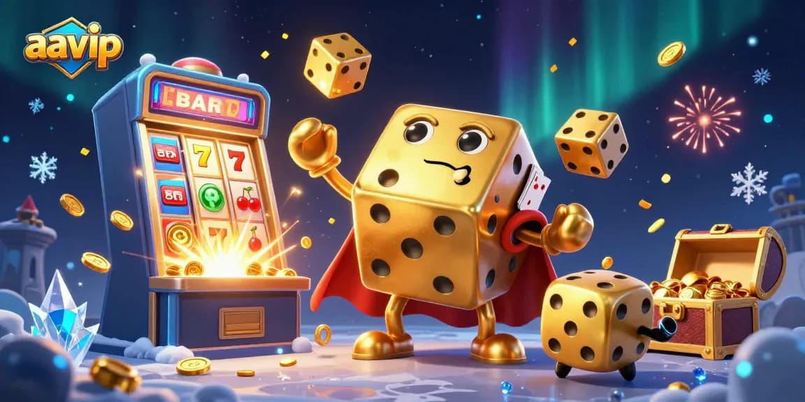Experience the thrill of aavip casino with a dynamic illustration of golden dice and exciting gaming elements.