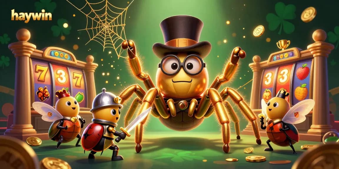 Engage in the thrilling world of Haywin, showcasing a vibrant golden tarantula weaving prosperity.