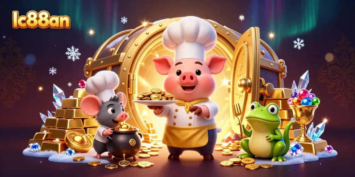 Spin the reels with lc88an, featuring a chef pig serving coins in a vibrant casino scene.