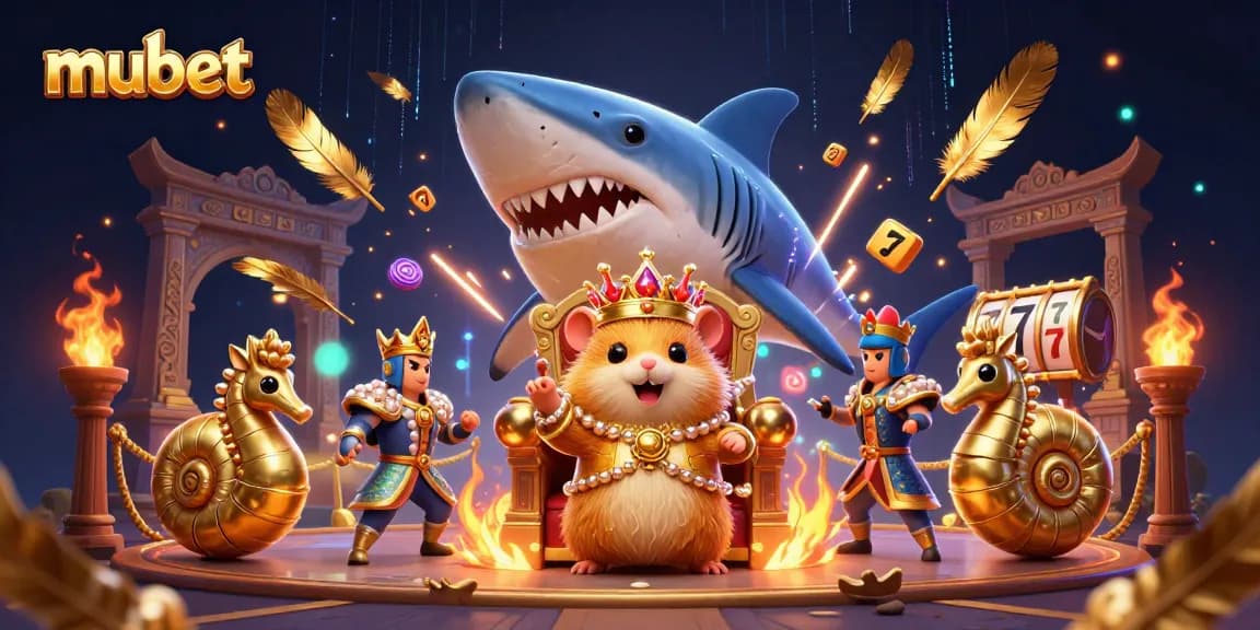 mubet logo displayed among a vibrant 3D casino scene with a heroic hamster king, seahorse guards, and dynamic gaming elements
