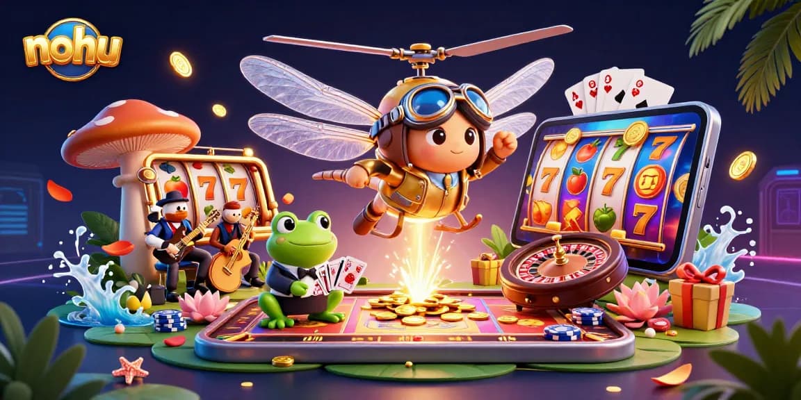 Engage in the vibrant world of nohu with our illustrated casino scene, featuring a dynamic dragonfly pilot and frog croupier.