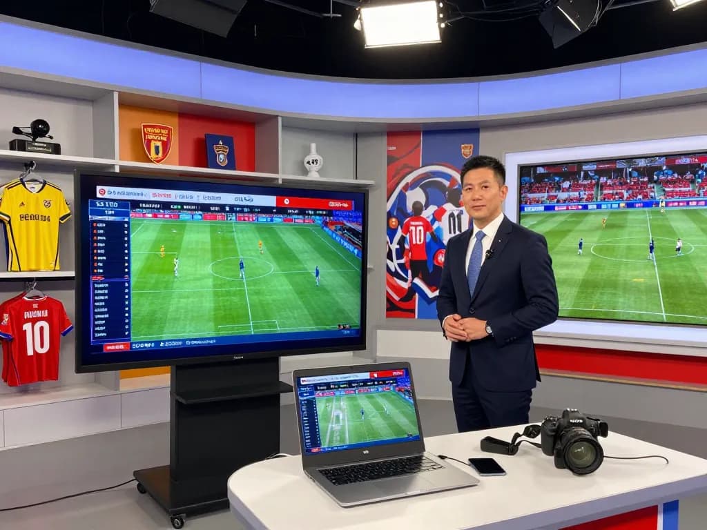Cà khịa tv sports analyst presenting live football insights in a modern studio.
