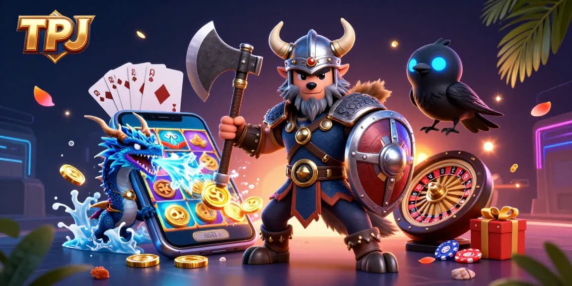 Engage in exciting slots with TPJ's vibrant casino artwork featuring dynamic Viking warrior and dragon.