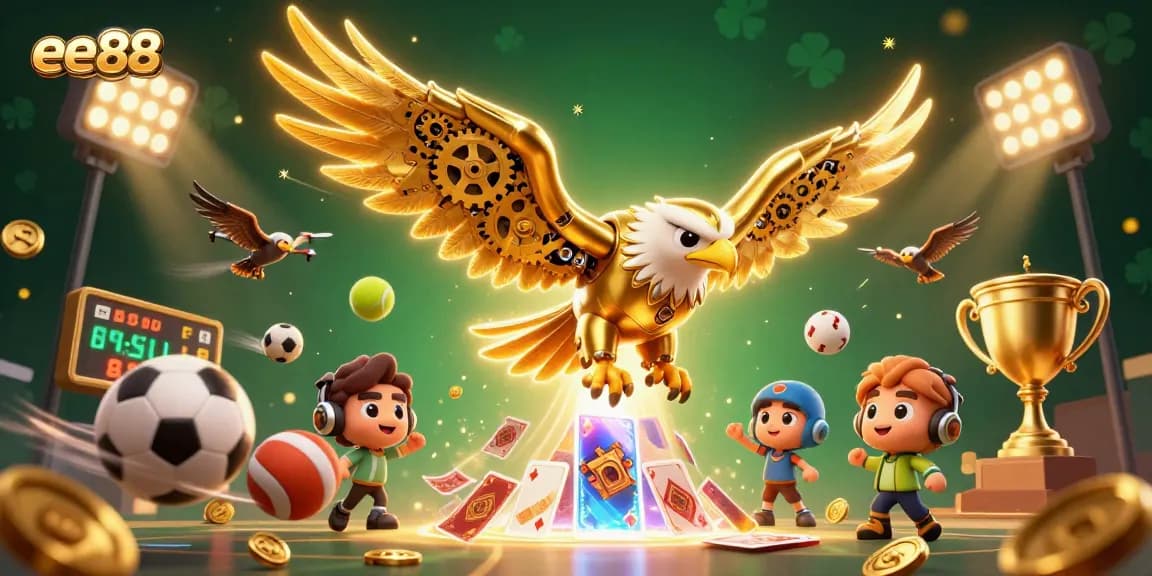 Experience thrilling action with ee88 as a golden eagle dives through holographic cards and sports elements.