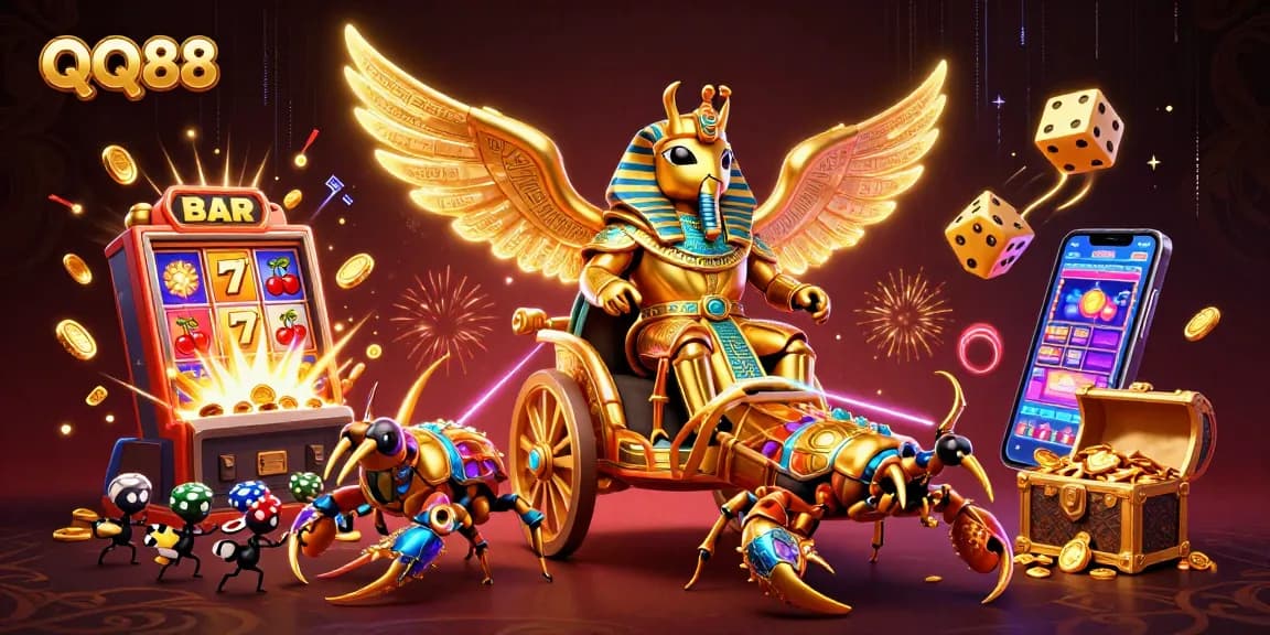 Engage in thrilling gameplay at QQ88 with vibrant casino elements and characters showcasing the excitement of online betting.